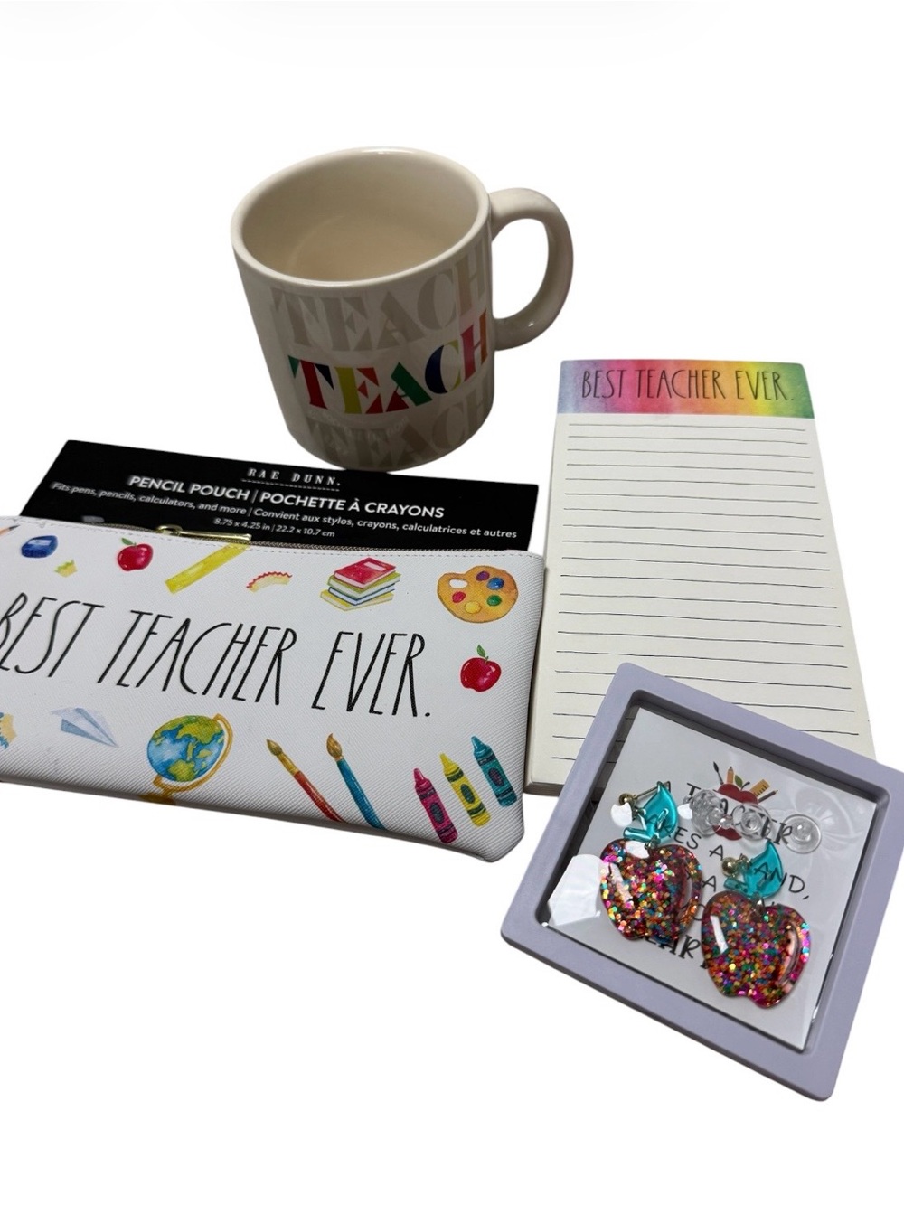 Best Teacher Ever Gift Set - Mug, Pencil Pouch, Notepad & Glitter Apple Earrings